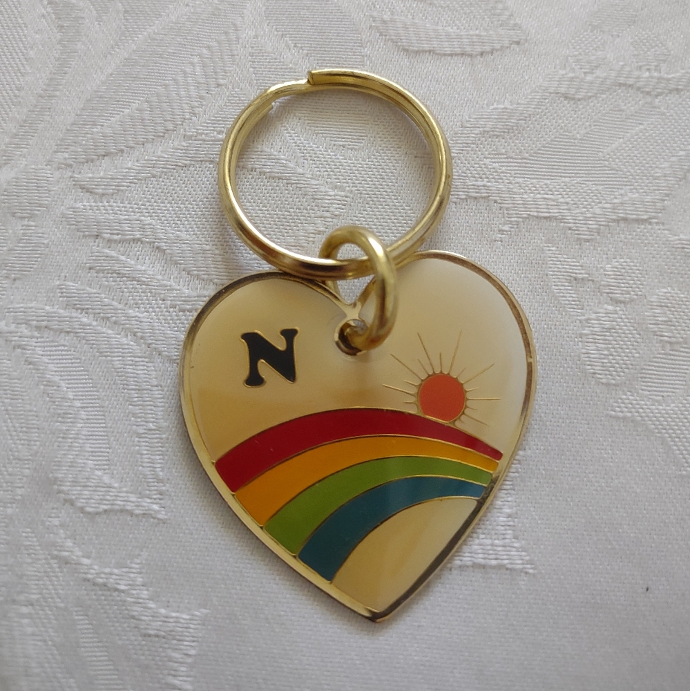 N Monogram Vintage enamel heart rainbow sun Charm keychain